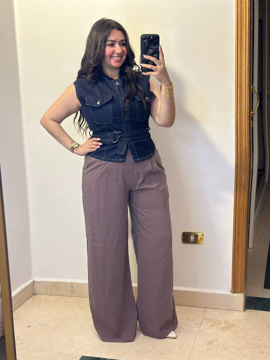 Dark Wash Denim Vest with Adjustable Waist Belt