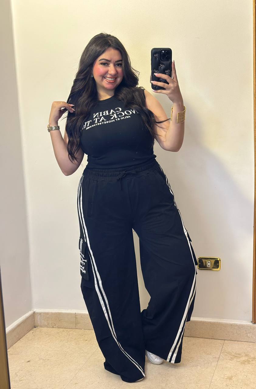 2-Piece Sporty Casual Set with Cargo Wide-Leg Trousers