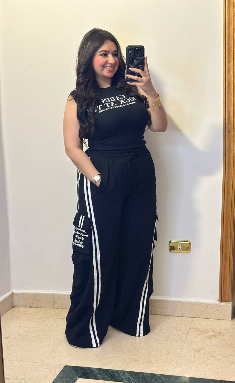 2-Piece Sporty Casual Set with Cargo Wide-Leg Trousers
