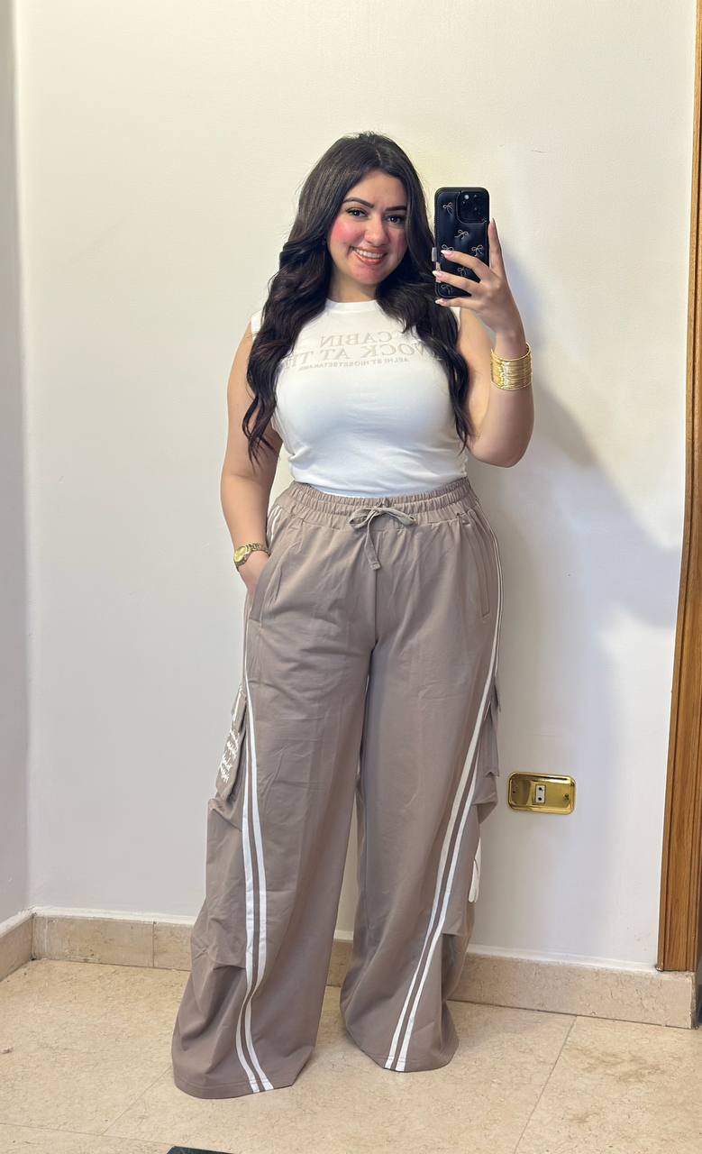 2-Piece Sporty Casual Set with Cargo Wide-Leg Trousers