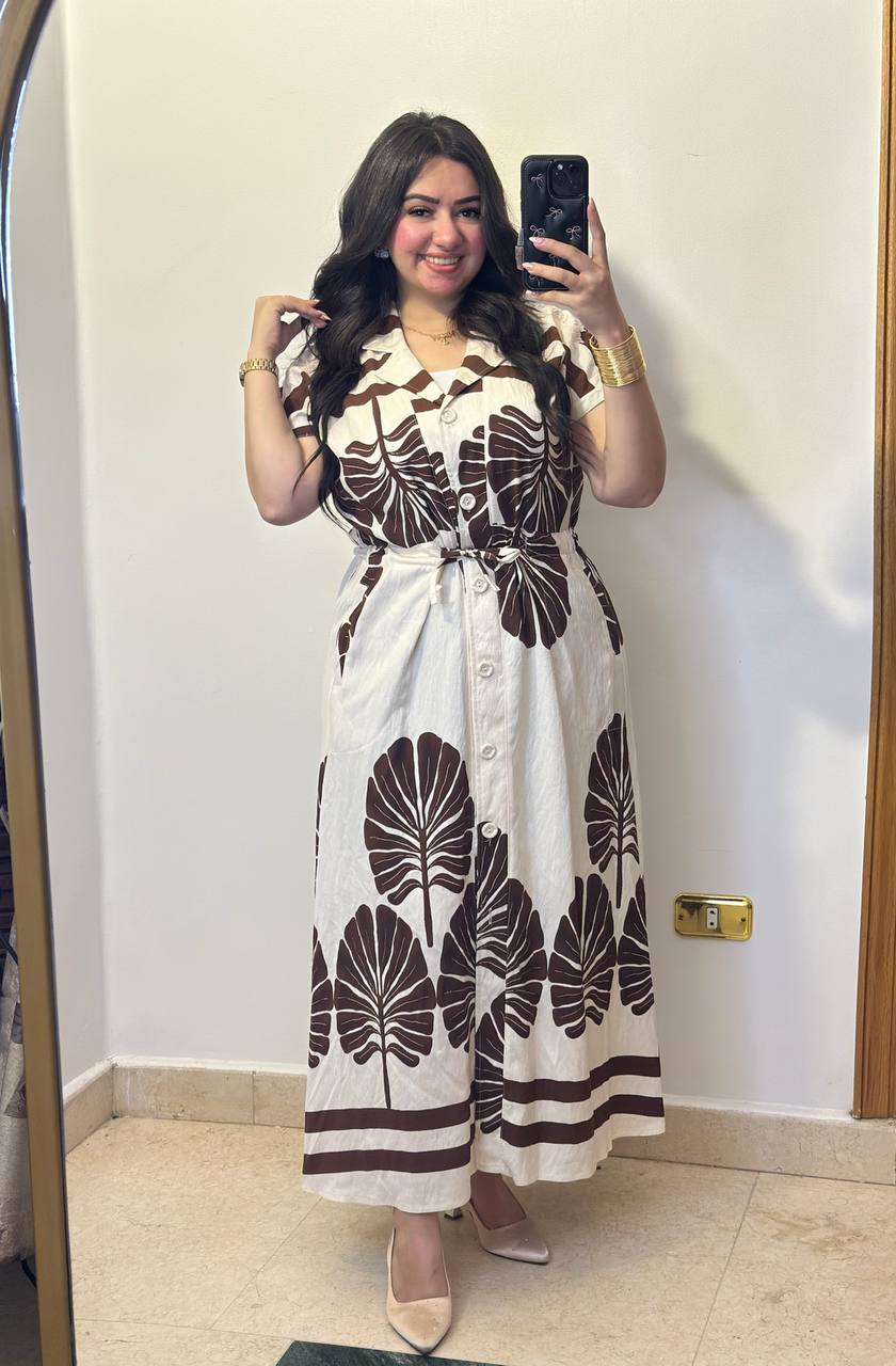 Botanical Print Midi Shirt Dress with Drawstring Waist