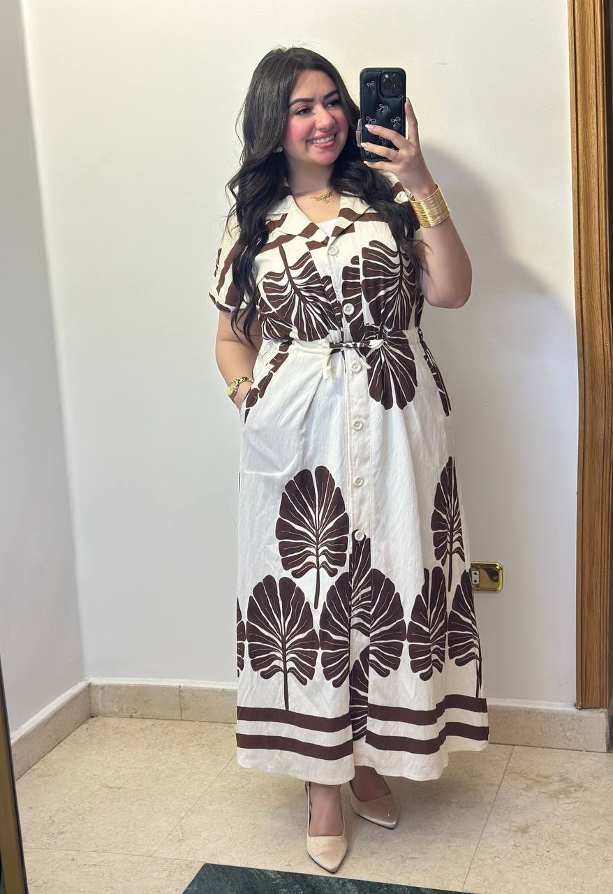 Botanical Print Midi Shirt Dress with Drawstring Waist