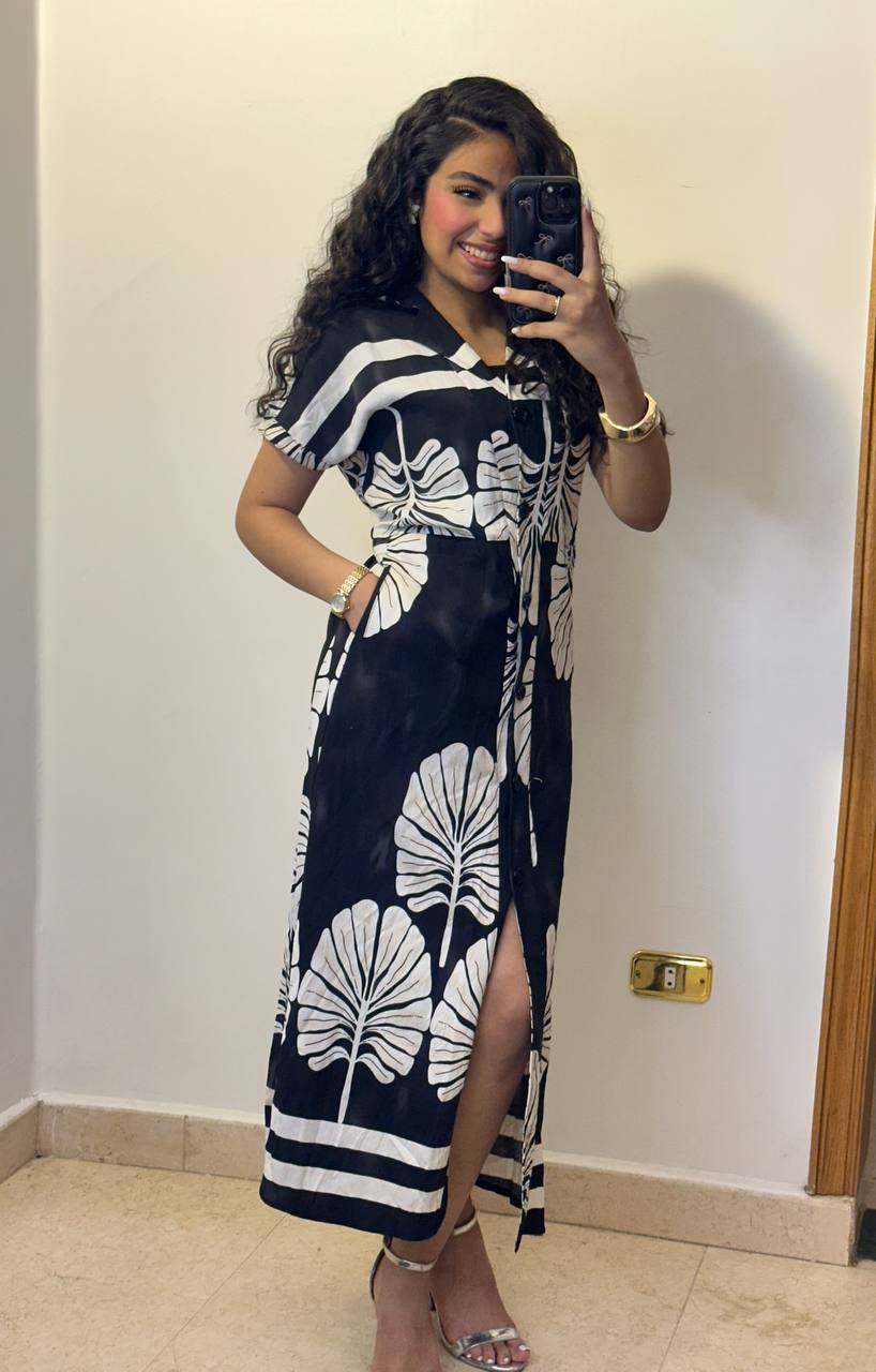 Botanical Print Midi Shirt Dress with Drawstring Waist