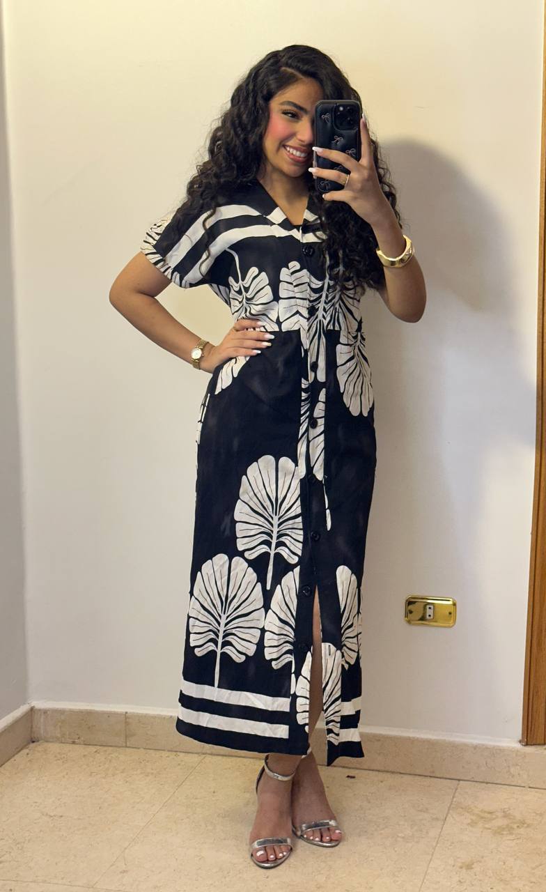 Botanical Print Midi Shirt Dress with Drawstring Waist