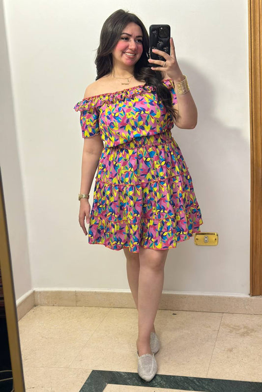 Vibrant Two-Piece Off-the-Shoulder Top & Tiered Skirt Set