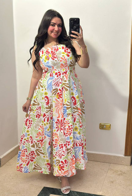 Vibrant Retro Floral Sleeveless A-Line Maxi Dress