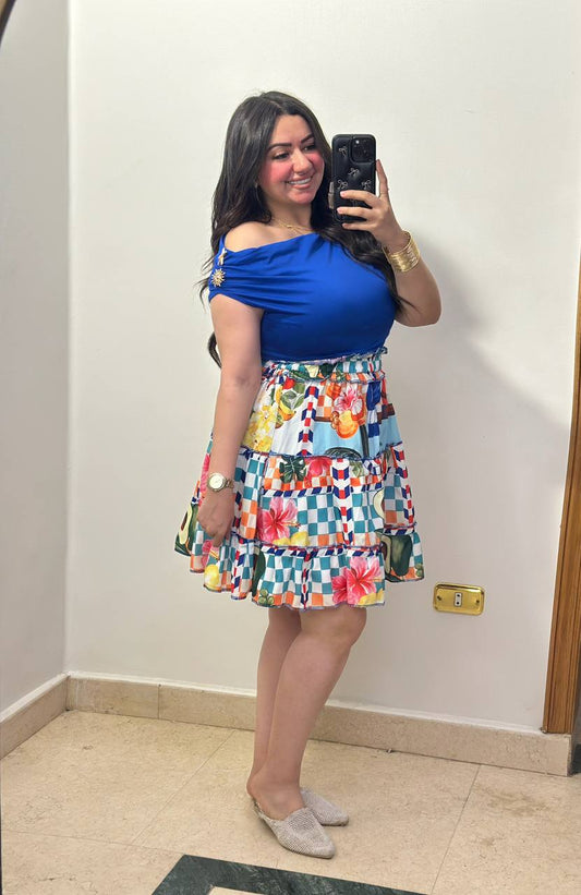 Tropical Resort Off-the-Shoulder Top & Tiered Mini Skirt Set