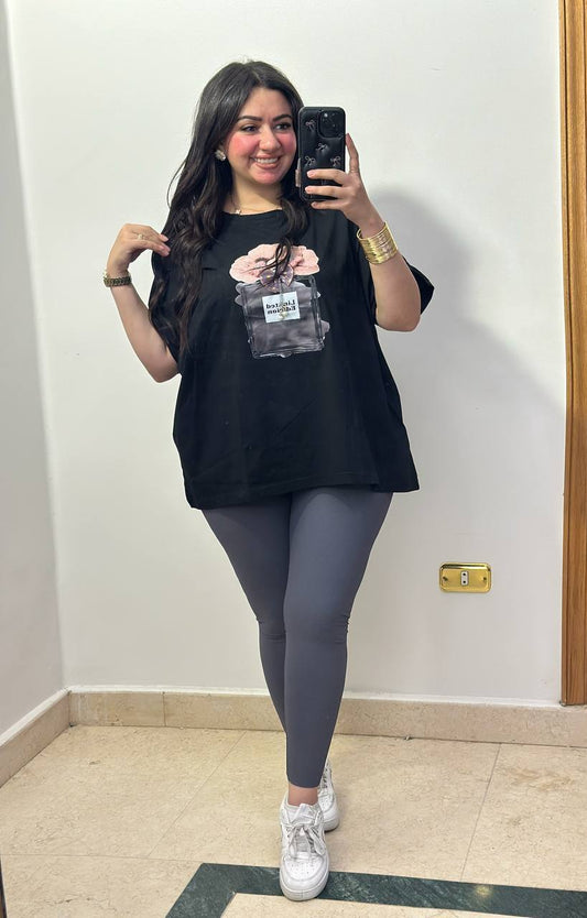 Chic Oversized T-Shirt with Perfume Bottle Graphic & 3D Accents