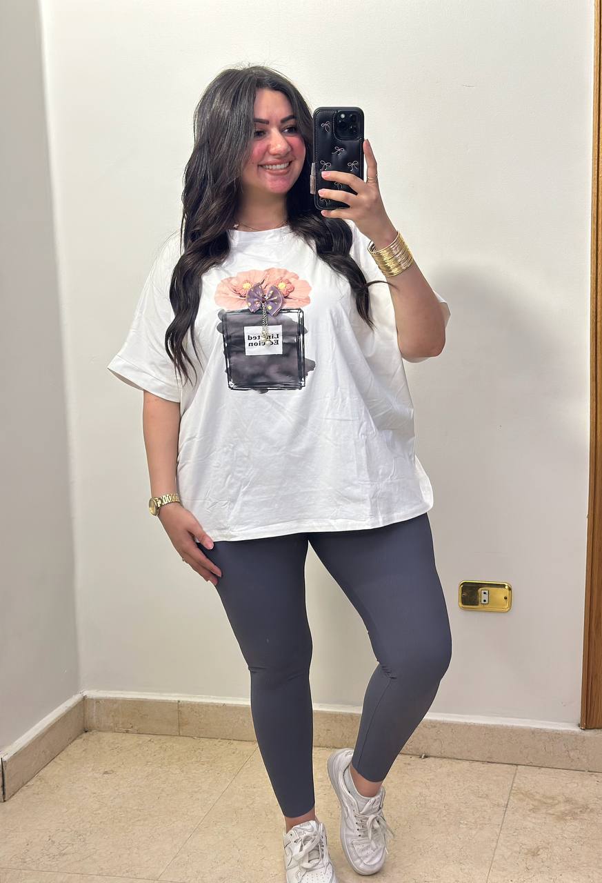 Chic Oversized T-Shirt with Perfume Bottle Graphic & 3D Accents