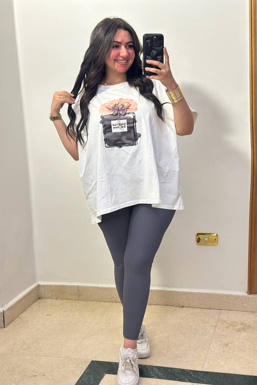 Chic Oversized T-Shirt with Perfume Bottle Graphic & 3D Accents