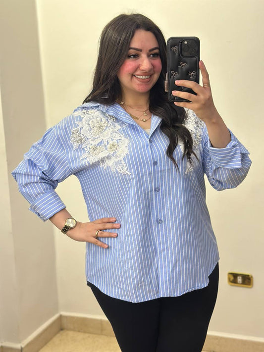 Elegant Striped Button-Down Shirt with Lace & Pearl Embellishments