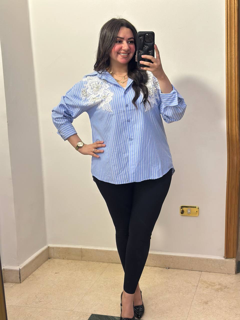 Elegant Striped Button-Down Shirt with Lace & Pearl Embellishments