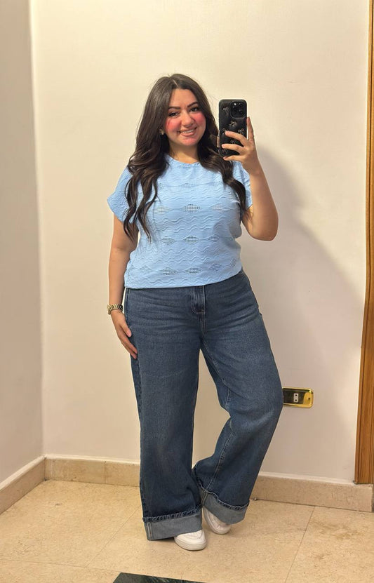 Chic Textured Wave Pattern Short Sleeve Blouse