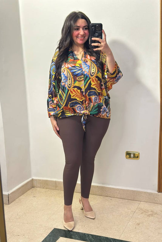 Chic Paisley & Floral Print Button-Down Shirt with Front Tie Detailing