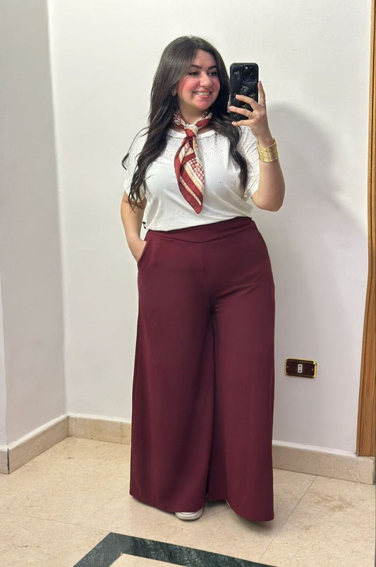 High-Waisted Wide-Leg Palazzo Trousers - Burgundy