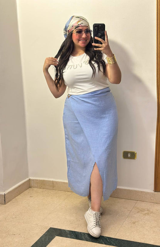 High-Waisted Overlap Wrap Skirt with Front Slit